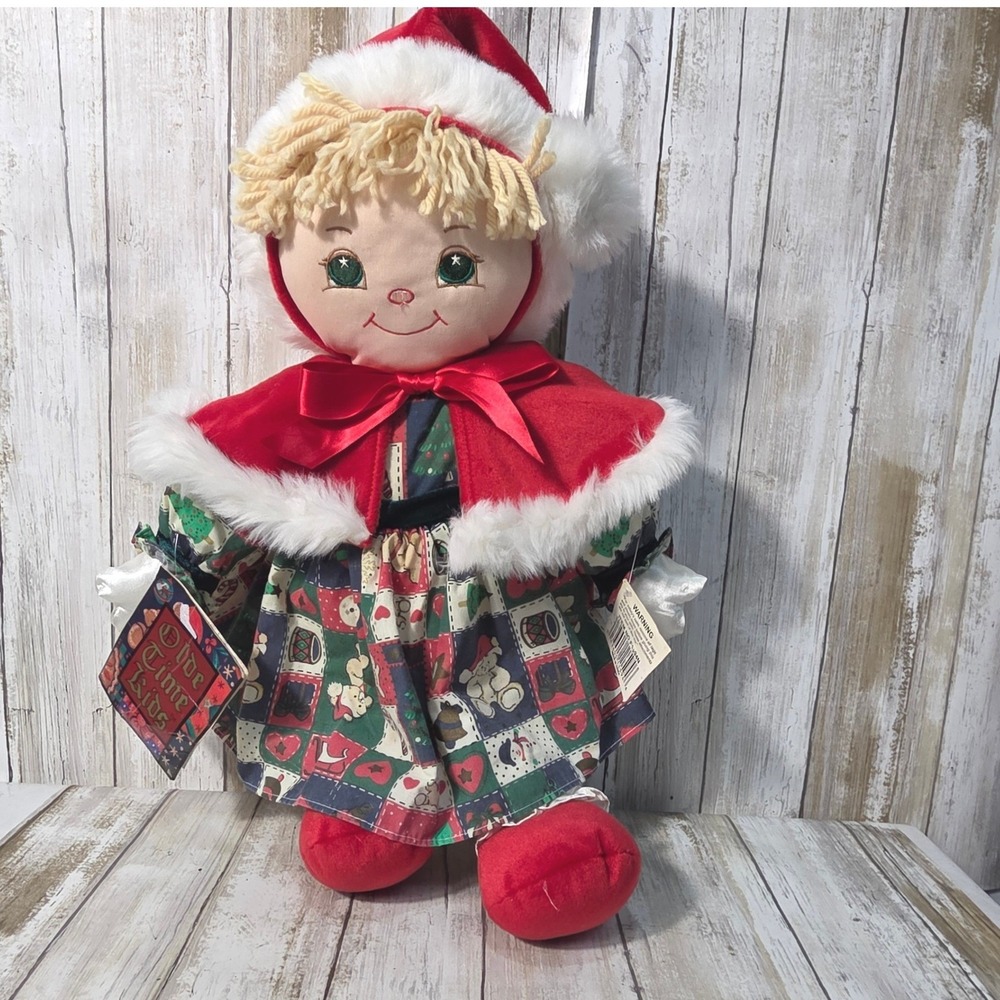 Olde Time Kids Vintage Christmas Plush Doll 18 Inch Holiday Patchwork Dress Red